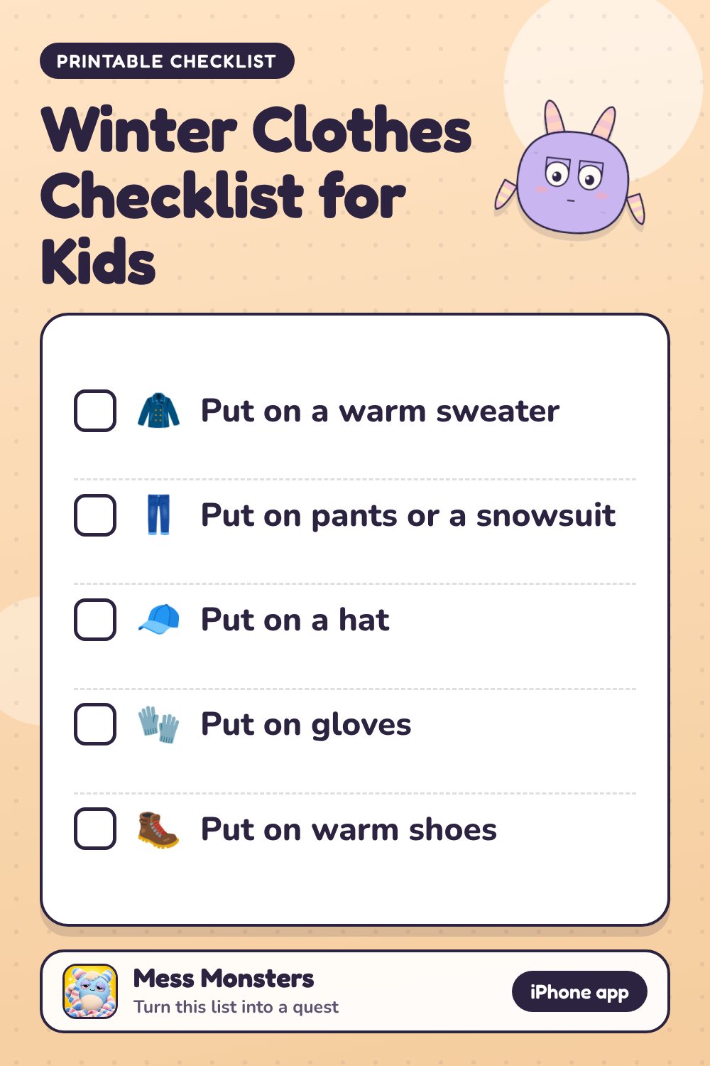 Winter Clothes Checklist for Kids checklist with 5 steps